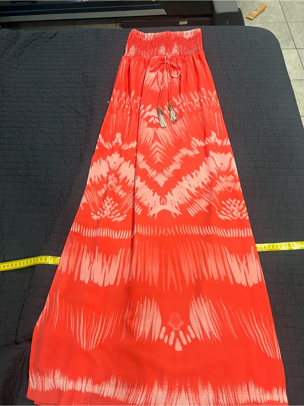 Heidi Klein Coral Red Tie-Dye Maxi Skirt with Smocked Waist